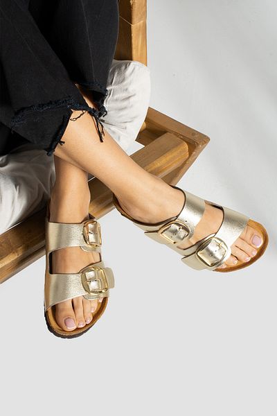 Uniqueqoop Orthopedic Genuine Leather Women's Slippers - Tokyo Big Buckle Cork Sole