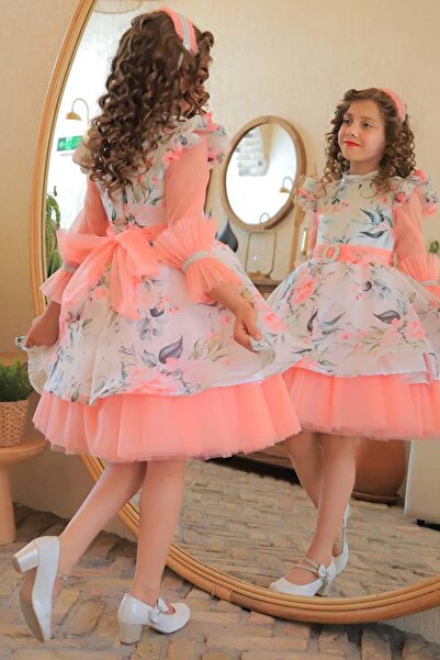 Riccotarz Girl's Floral Print Pink Dress with Ruffle Detail on the Shoulder and Sleeves and Embroidered Rhinestones