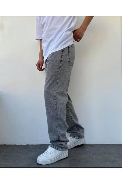 Gambocci Men's Gray Baggy Comfortable Denim Cut Trousers