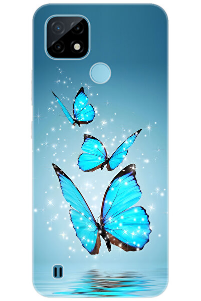 realme C21 (RMX3201) Uyumlu Kılıf Desen Baskılı Silikon Mavi Kelebek STK:710 ...