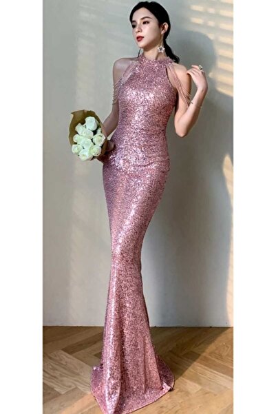 hilaltrendd Hilaltrend halter yaka taş detaylı pullu abiye elbise