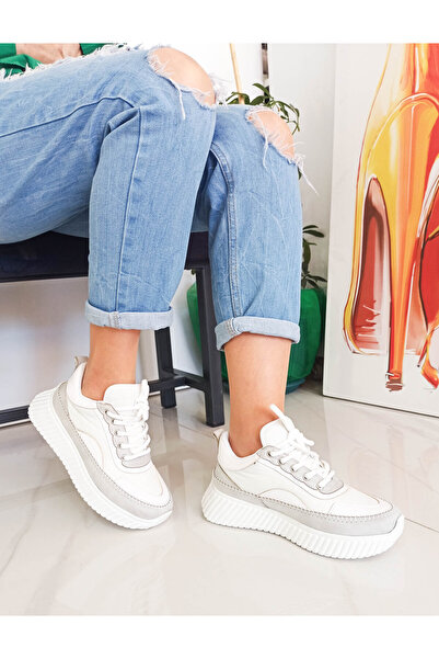 GDT Ayakkabı White Gray Lace-Up Flat Sole Women's Sneakers