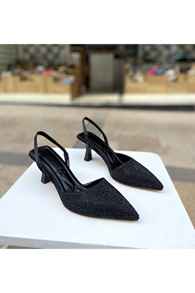 Gloriys Ayakkabı & Çanta Siyah saten taşlı 6 cm topuklu ayakkabı 01040