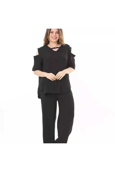 BİrHoşButik LARGE SIZE AEROBIN FABRIC SHOULDER OPEN COLLAR LACE-UP SHORT SLEEVE WAIST RUBBER WIDE MOLD TREND SET