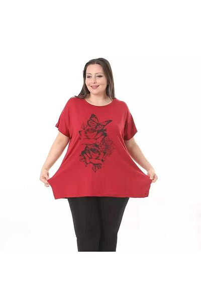 BİrHoşButik LARGE SIZE FULL LYCRAL CYCLING NECK FLOWER BUTTERFLY PATTERNED WIDE MOLD TREND T-SHIRT AND TIGHTS SET