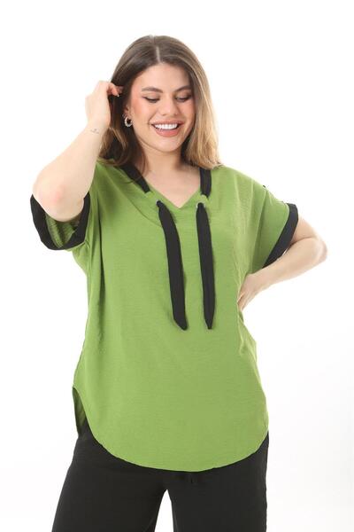 BİrHoşButik LARGE SIZE AEROBIN FABRIC COLLAR LACE-UP ARM LACE-UP WAIST RUBBER V-NECK WIDE MOLD TREND SET