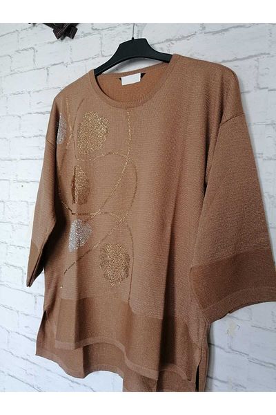 anne moda ankara Плетено, лъскаво, три-четвърти ръкав, свободна кройка, памучен пуловер