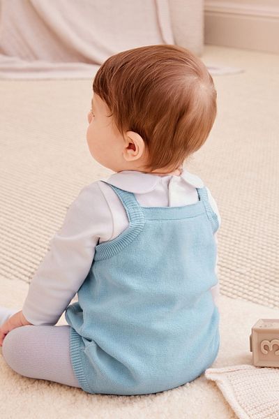 Next Baby 100% Cotton Blue Knitted Salopet Baby Collar Bear Embroidered Bodysuit Socks Set