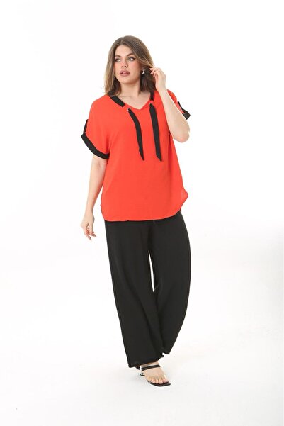 BİrHoşButik LARGE SIZE AEROBIN FABRIC COLLAR LACE-UP ARM LACE-UP WAIST RUBBER V-NECK WIDE MOLD TREND SET