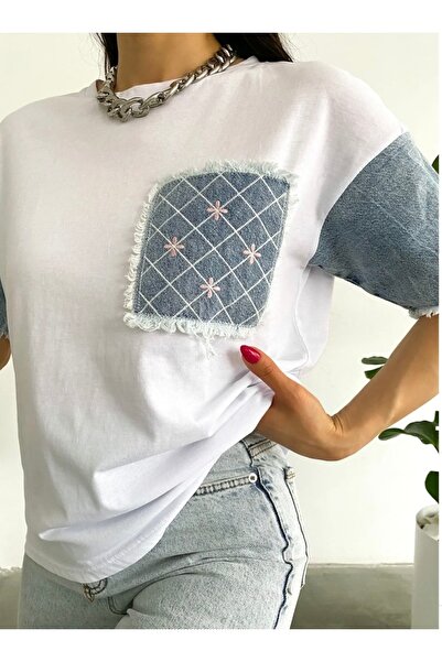 Cardella 100% βαμβακερή τσέπη και τζιν με λεπτομέρεια μπλουζάκι με τσέπη με κέντημα μαργαρίτα