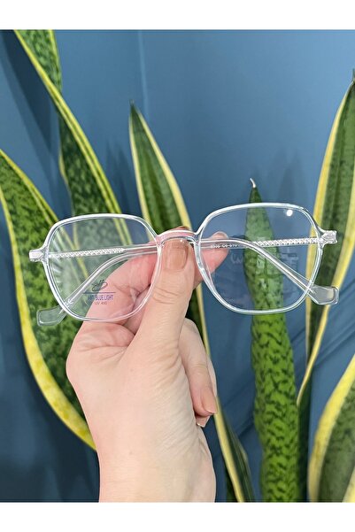 funeyes Geometrik Köşeli Unisex Şeffaf Kadın Erkek Mavi Işık Korumalı Hafif G...