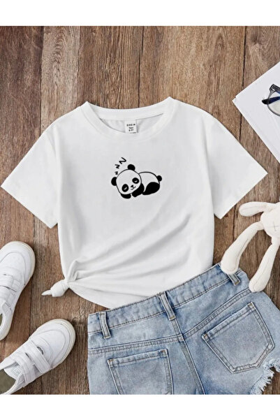 Pelna Children's Trend Model White T Shirt Sleeping Panda Printed Cotton
