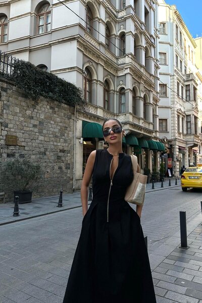 fmnbutik pinterest kadın fermuarlı bele oturan geniş çanak etekli keten kumaş sıfır kollu muadil elbise