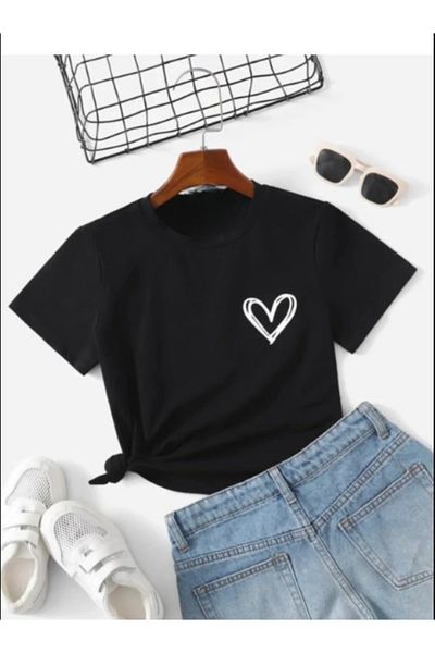 Pelna Tricou Negru Model Trend Copii Bumbac Imprimat Inimă Minimală