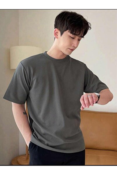 SELENA BUTİK Μπλουζάκι Unisex Smoked Grey απλό βαμβακερό Oversize