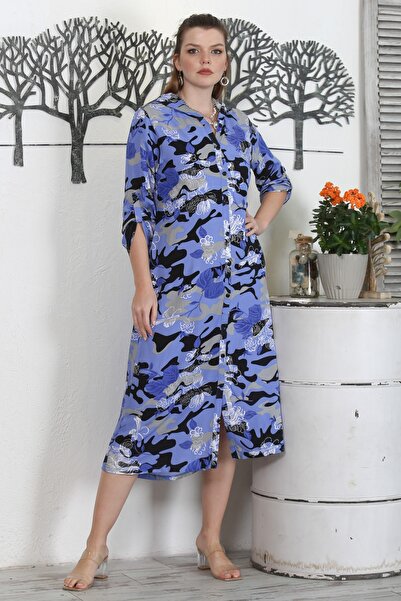 Chiccy Camouflage Blue Hooded Buttoned Long Sleeve Hidden Pocket Printed Casual Woven Dress