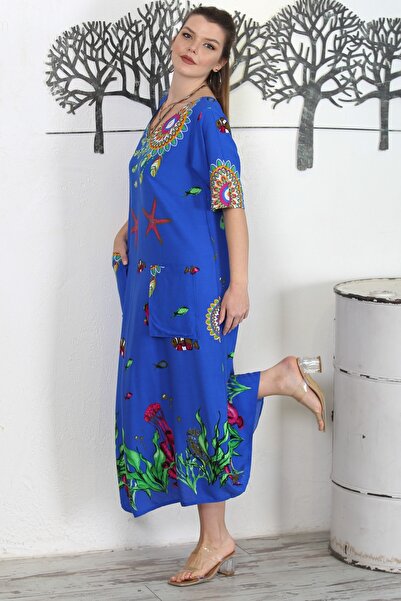 Chiccy Mavi V Yaka Kısa Kol Çift Cepli Allover Baskılı Casual Dokuma Elbise