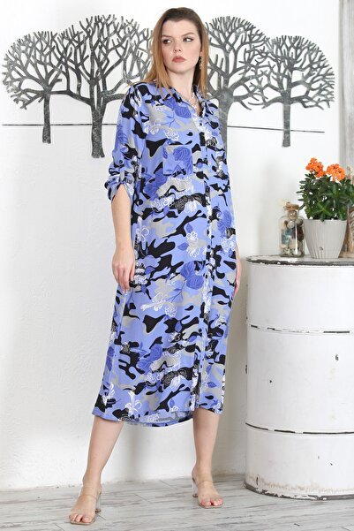 Chiccy Camouflage Blue Shirt Collar Buttoned Long Sleeve Printed Casual Woven Dress