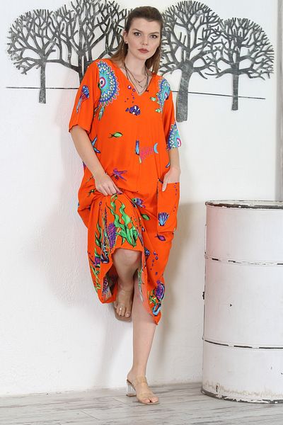 Chiccy Orange V-neck Short Sleeve Double Pocket Allover Printed Casual Woven Dress