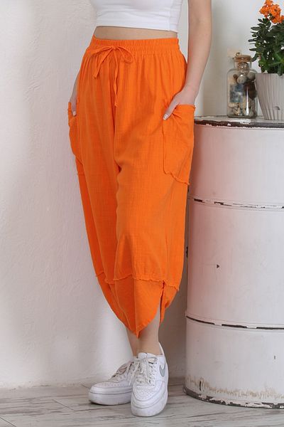 Chiccy Pantaloni dublu portocaliu italian, spalat cu talie elastica, picior largi, tesuti casual
