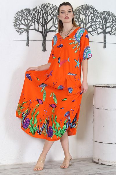 Chiccy Orange V-neck Short Sleeve Double Pocket Allover Printed Casual Woven Dress