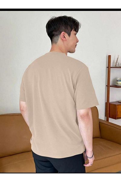 SELENA BUTİK Μπλουζάκι Unisex Μπεζ απλό βαμβακερό oversize