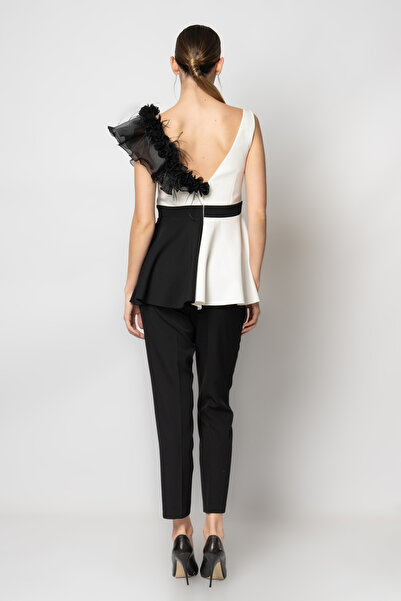 RENGIN Omuzdan bele tüylü çiçekli bluz krep pantolon ikili abiye takım