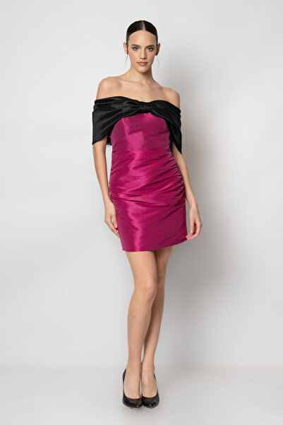 RENGIN Yakası büyük kurdeleli mini tafta abiye elbise