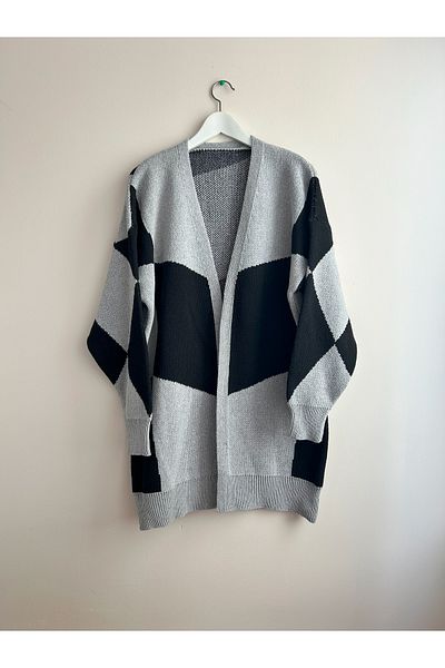 Sun Art Knitting Women's Black Beige Patterned Thick Cardigan Jacket