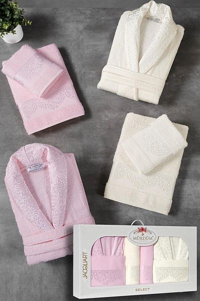 Mürdüm Home 10 Piece Boxed Jacquard Patterned Bathrobe Set Bathrobe Set Dowry Set