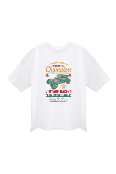 HediyeMania 1980 Vintage Racing cu imprimeu White supradimensionat Tricou Des...
