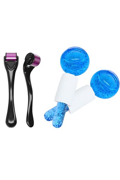 Welta Titanyum Uçlu 540 Iğneli Derma Roller 1 mm Ve Ice Globes Buz Küresi Soğuk Masaj Topu 2 Adet Mavi