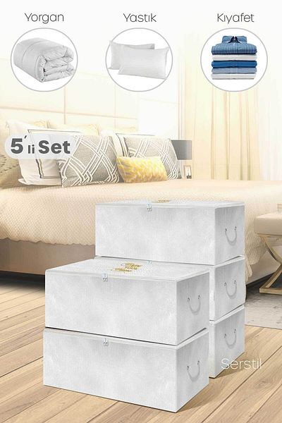 Serstil 5 Pieces - Mini Size White Storage Bag with Print Detail 30 X 22 X 18 Cm