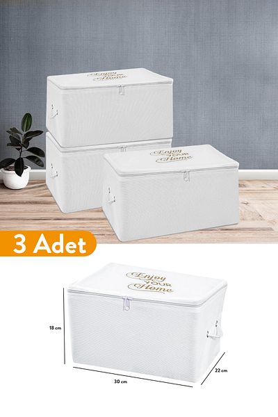 Serstil 3 Pieces - Mini Size White Storage Bag with Print Detail 30 X 22 X 18 Cm
