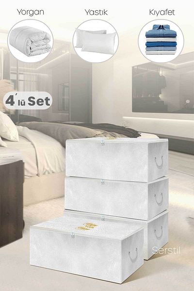 Serstil 4 Pieces - Mini Size White Storage Bag with Print Detail 30 X 22 X 18 Cm