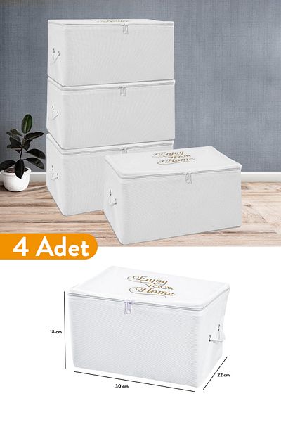 Serstil 4 Pieces - Mini Size White Storage Bag with Print Detail 30 X 22 X 18 Cm