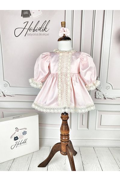 Hobidik Rochie din dantelă din satin roz pentru copii