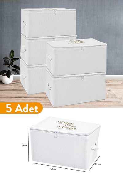 Serstil 5 Pieces - Mini Size White Storage Bag with Print Detail 30 X 22 X 18 Cm