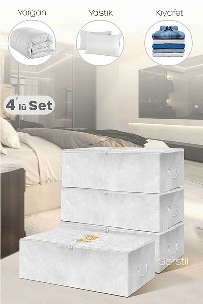 Serstil 4 Pieces - Small Size White Storage Bag with Print Detail 52 X 28 X 21 Cm
