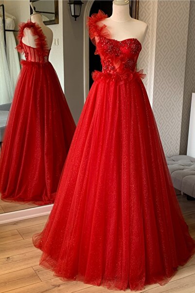 Lenta Moda Kırmızı Simli Fırfır Askı Detaylı Abiye Ve Gece Elbisesi