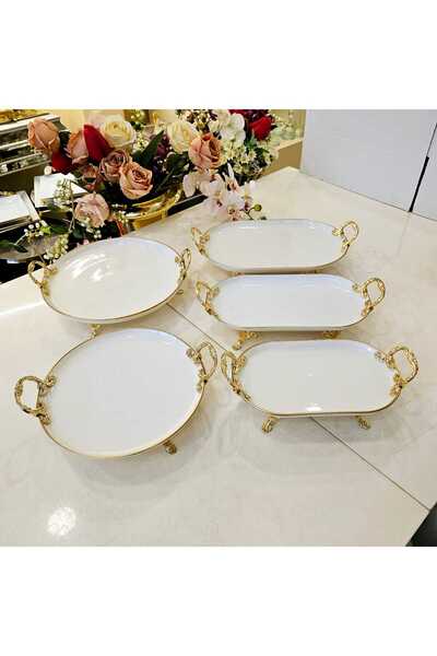 MaviDamla 5 Parca Kulplu Ayaklı Porselen Sunum Seti Gold