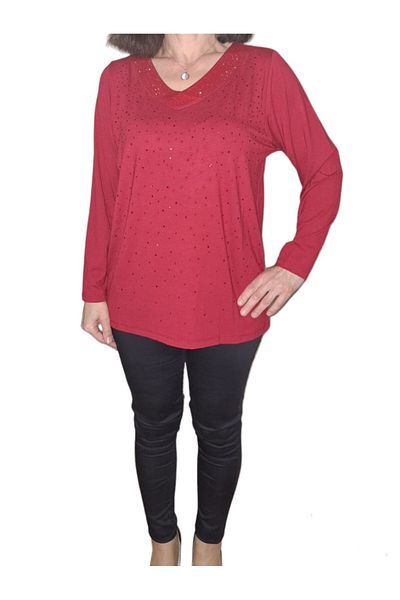 HaiModa بلوزة الأم من القطن الممشط بأكمام طويلة ورقبة على شكل حرف V مزينة بالأحجار