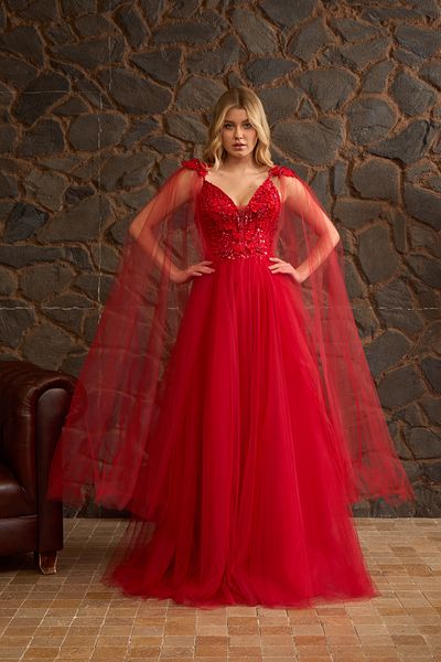 Lenta Moda Red Beaded Lace Covered Cloak Maxi Length Evening Dress and Evening Gown