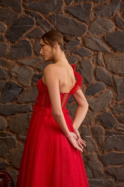 Lenta Moda Kırmızı Simli Fırfır Askı Detaylı Abiye Ve Gece Elbisesi