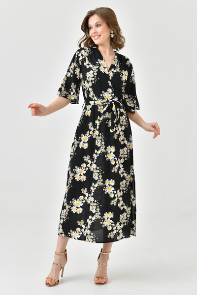 Secret Passion Lingerie Καλοκαιρινό φόρεμα 098 με μοτίβο μαργαρίτα με διπλό στήθος, ελαστικό, υφασμάτινο με σχίσιμο στο πλάι με ζωσμένο φόρεμα 098