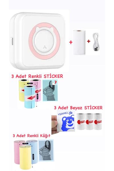 Schulzz Mini Termal Taşınabilir Yazıcı Pembe, 3adet Beyaz 3adet Renkli Sticke...