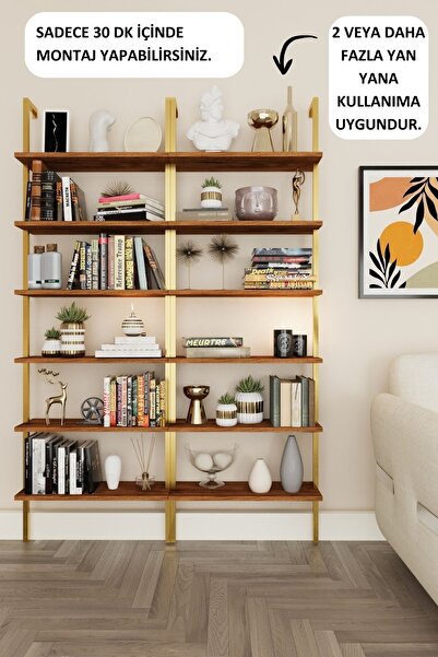 Phobia Kitaplık, Yeni Gold Metal Kitaplık, 6 Raflı Duvara Monte , Ceviz Duvar Rafı Kitaplık, Mobilya 722