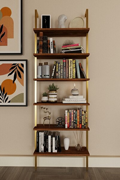 Phobia Kitaplık, Yeni Gold Metal Kitaplık, 6 Raflı Duvara Monte , Ceviz Duvar Rafı Kitaplık, Mobilya 722