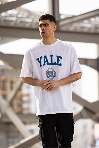 Buteks Yale Printed White Unisex Oversize Crew Neck Cotton Loose Boyfriend Ba...