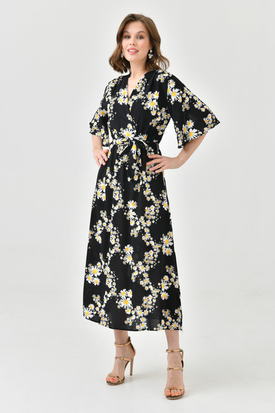 Secret Passion Lingerie Καλοκαιρινό φόρεμα 098 με μοτίβο μαργαρίτα με διπλό στήθος, ελαστικό, υφασμάτινο με σχίσιμο στο πλάι με ζωσμένο φόρεμα 098